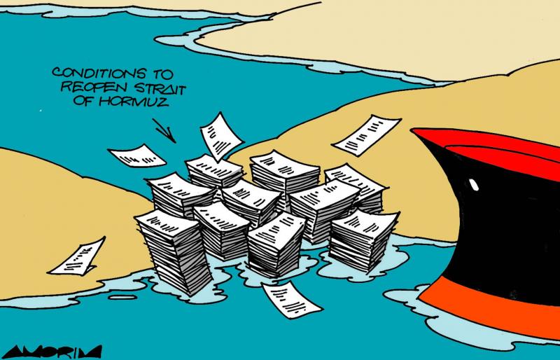 Editorial cartoon by Amorim titled Barriers, on the theme of Trump, Iran, and the Strait of Hormuz