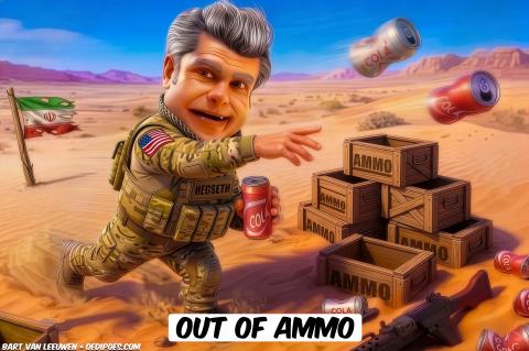 Editorial cartoon by Bart van Leeuwen titled Out of Ammo, referencing the White House denying disagreements between Trump and Pete Hegseth over ammunition shortages in Iran