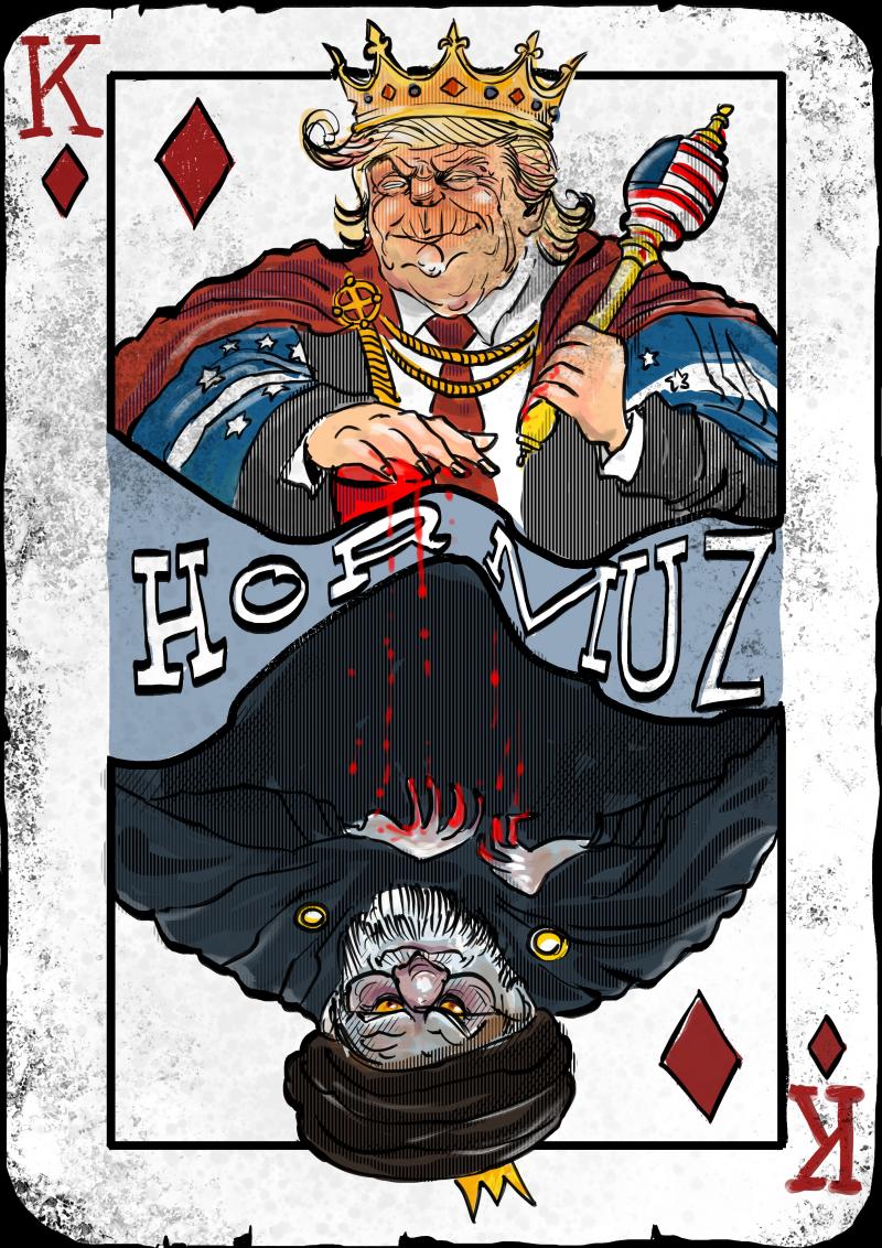 Editor's Choice editorial cartoon by Ramón Díaz Yanes titled Hormuz, showing a playing card with Trump as the king of diamonds facing Iran's leader as the opposing king, separated by the Strait of Hormuz
