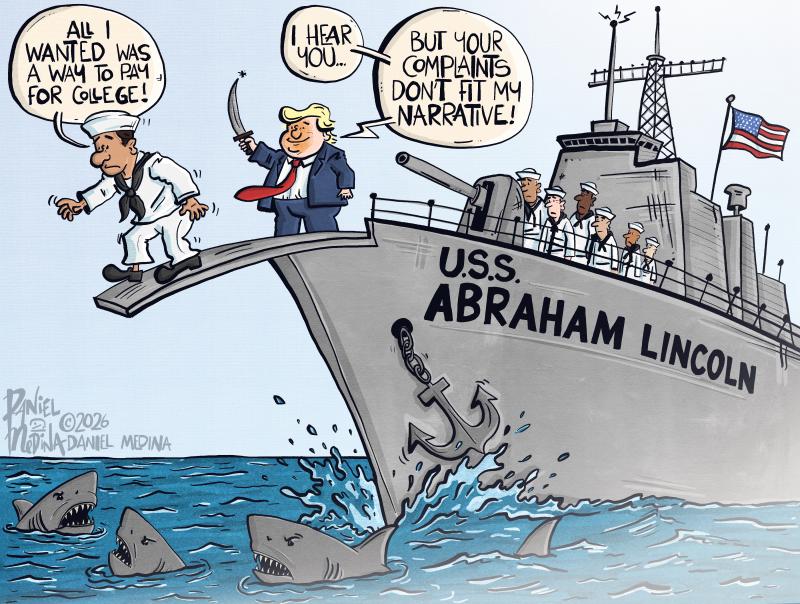 Editorial cartoon by Daniel Medina titled SOS From the USS Abraham Lincoln, commenting on the carrier's extended nine-month deployment and reported unsafe living conditions for sailors during the Iran conflict