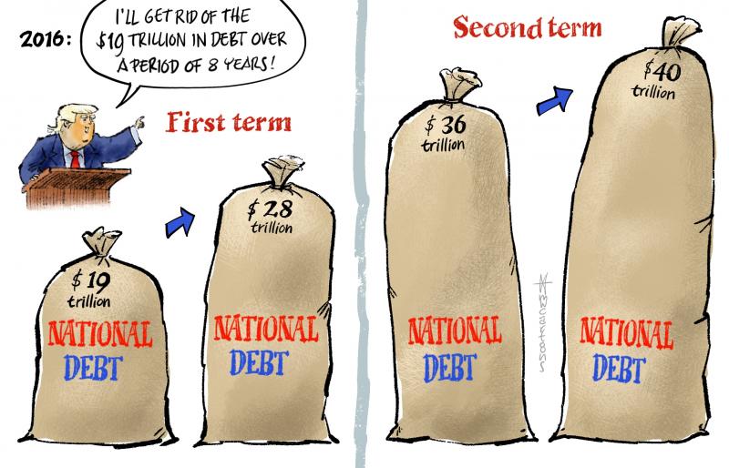 Editorial cartoon by Maarten Wolterink titled Another Failed Trump Promise, on rising national debt despite campaign promises