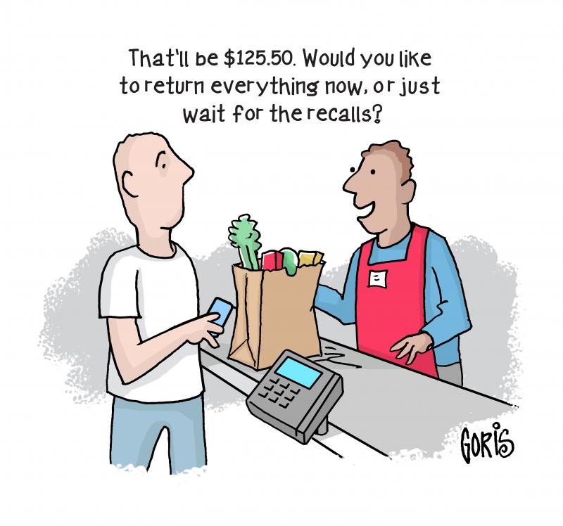 Editorial cartoon by Dennis Goris titled What's for Dinner, commenting on repeated food recalls in the USA