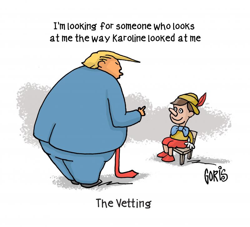 Editorial cartoon by Dennis Goris titled Send Us Your Resume, joking that it takes a special person to serve as White House press secretary