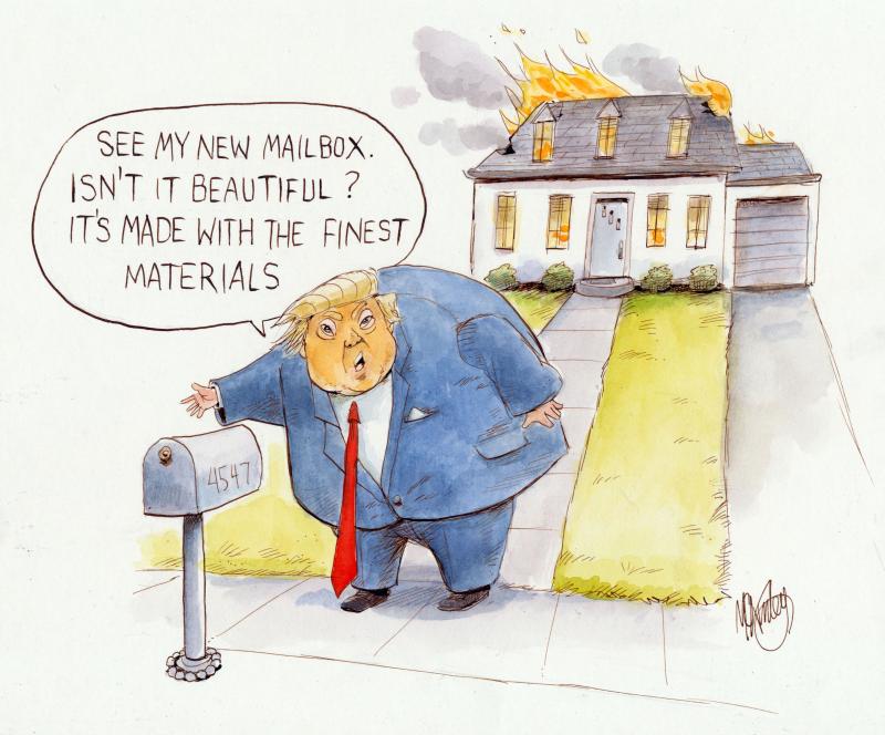 Editorial cartoon by John McKinley titled Vanity Project, showing Trump focused on his vanity at the expense of the USA