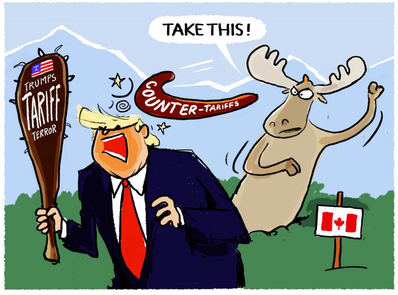 Editor's Choice editorial cartoon by Markus Grolik titled Trump and Canada, showing an angry Canadian moose throwing a boomerang labeled COUNTER-TARIFFS at Donald Trump, who wields a spiked club labeled TARIFF TERROR