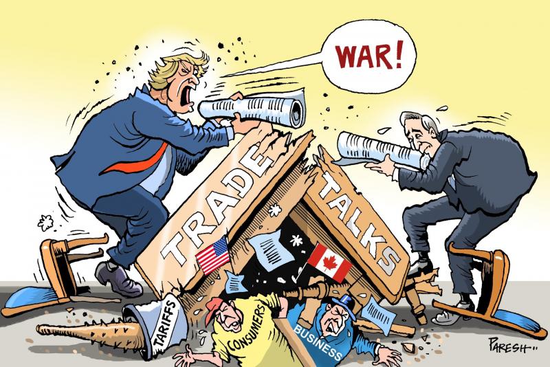Editorial cartoon by Paresh Nath titled US-Canada Trade Fight, depicting the collapse of trade talks and tariff threats between the US and Canada, led by Trump and Canadian PM Mark Carney