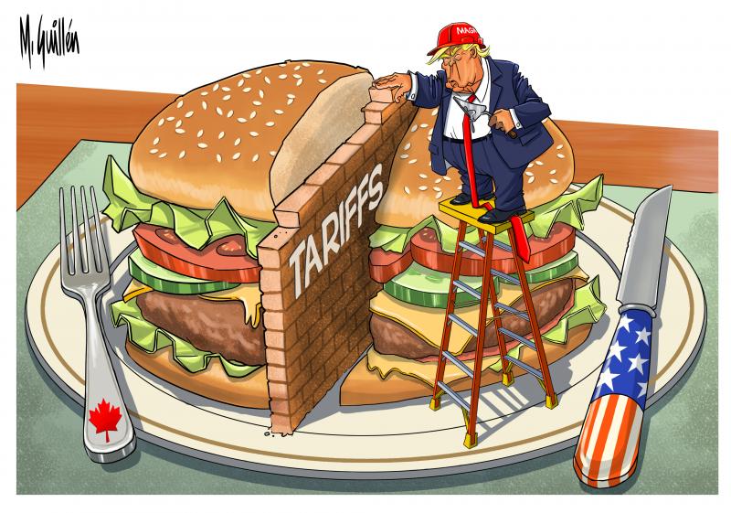 Editor's Choice editorial cartoon by Manuel Guillen titled The Tariff Wall, showing Trump building a brick wall labeled TARIFFS through the middle of a hamburger shared by Canada and the US, dividing their integrated economies