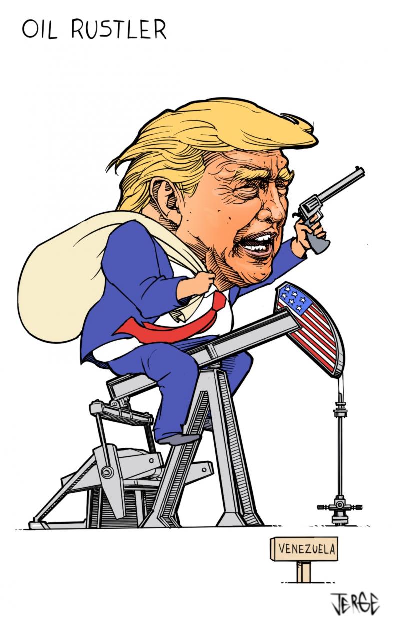 Editorial cartoon by Jorge Gonzalez titled Oil Rustler, depicting Trump-era pressure on Venezuela over its oil resources