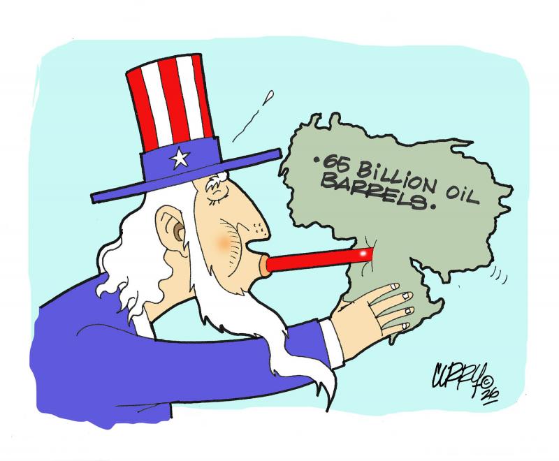 Editorial cartoon by Luis Enciso (CURRY) titled Oil Milk Shake, satirizing the real motive behind the US operation targeting Maduro as a bid to take over Venezuelan oil