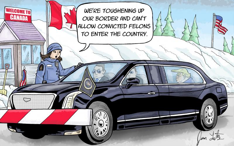 Editorial cartoon by Jason Lutes titled Stop Criminals at the Border, satirizing calls for Canada to bar Trump from entering the country