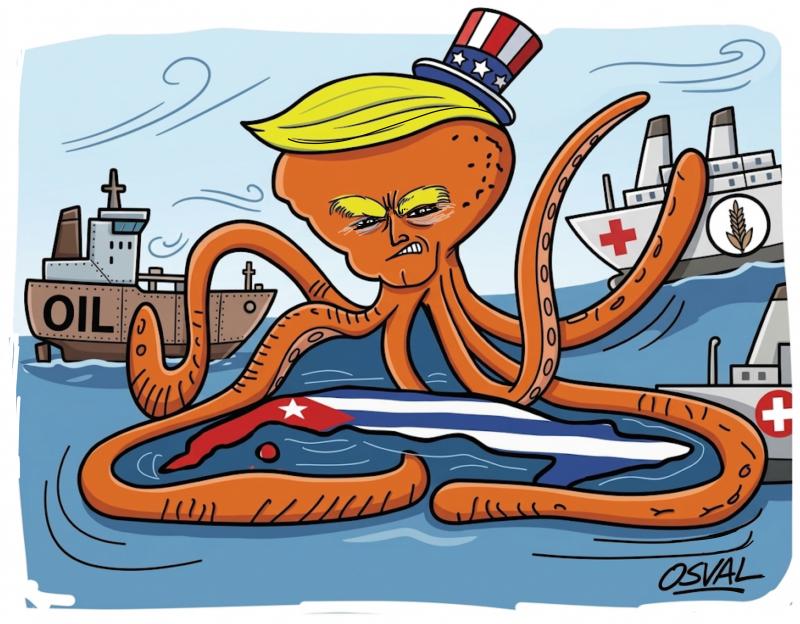Editorial cartoon by OSVAL, in which Cuba characterizes the US oil blockade as an act of war and genocide