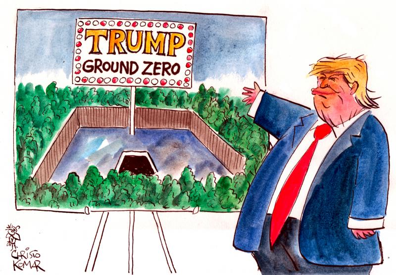 Editorial cartoon by Christo Komarnitski titled Trump Renames Ground Zero, commenting on Trump's handling of the 9/11 memorial site