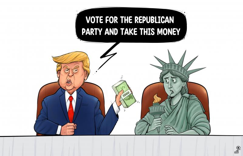 Editorial cartoon by Fahd Bahady titled Vote GOP, Get Cash, satirizing Trump-era campaign promises tied to cash payments