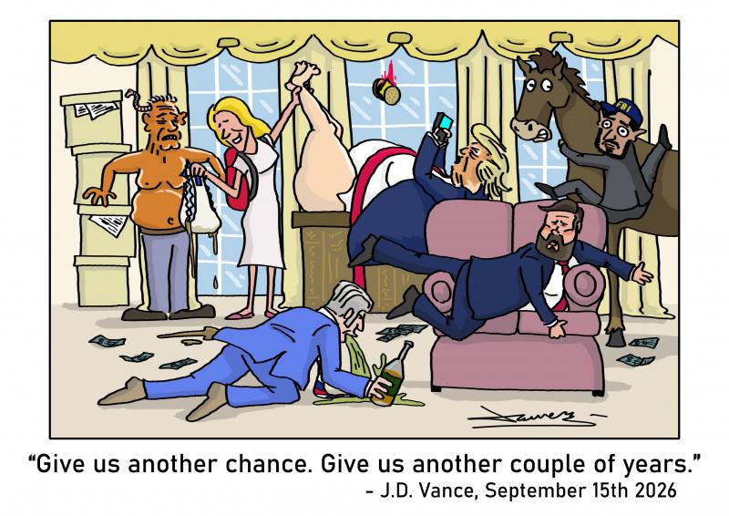 Editorial cartoon by James Mellor titled Midterms, depicting a celebratory scene related to the US midterm elections