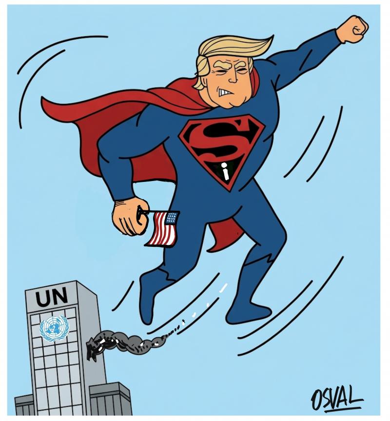 Editorial cartoon by OSVAL titled Super Intelligence, on Trump announcing at the UN General Assembly that the US government will use the term 'superintelligence' to refer to AI