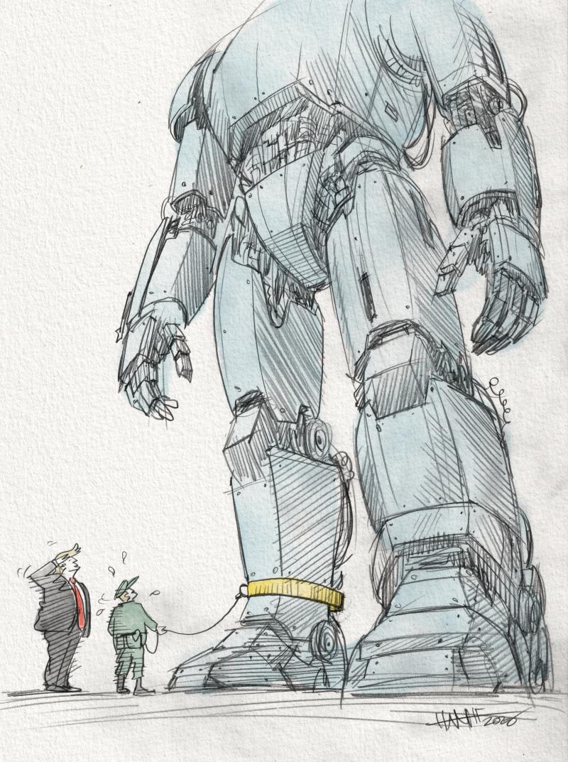 Editorial cartoon by Hanif Bahari titled Under Control, depicting Donald Trump and an aide walking a giant AI robot on a leash