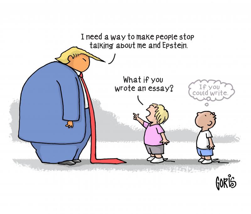 Editorial cartoon by Dennis Goris titled A Strongly Worded Essay, depicting Donald Trump asking children for help deflecting attention from the Epstein case