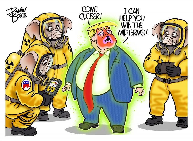Editorial cartoon by Daniel Boris titled Toxic Approval Ratings, depicting Donald Trump glowing radioactive before elephants in HAZMAT suits amid record-low approval ratings