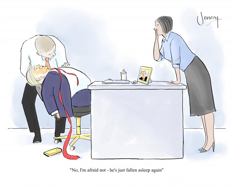 Editorial cartoon by Steve Jones titled Trump Sleeping, depicting Donald Trump slumped asleep in an office chair while a man checks on him