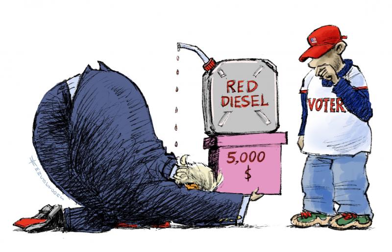 Editorial cartoon by Maarten Wolterink titled Please, let me enrich myself a bit longer!, depicting Donald Trump bowed over a can of red diesel beside a voter in a red cap, on how midterms are hard even for billionaires