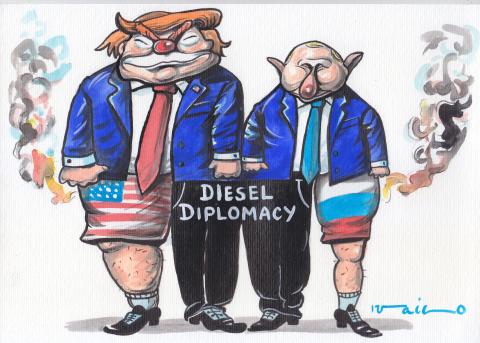 Editorial cartoon by Ivailo Tsvetkov titled Diesel Diplomacy, depicting caricatures of Donald Trump and Vladimir Putin side by side with the words Diesel Diplomacy across them