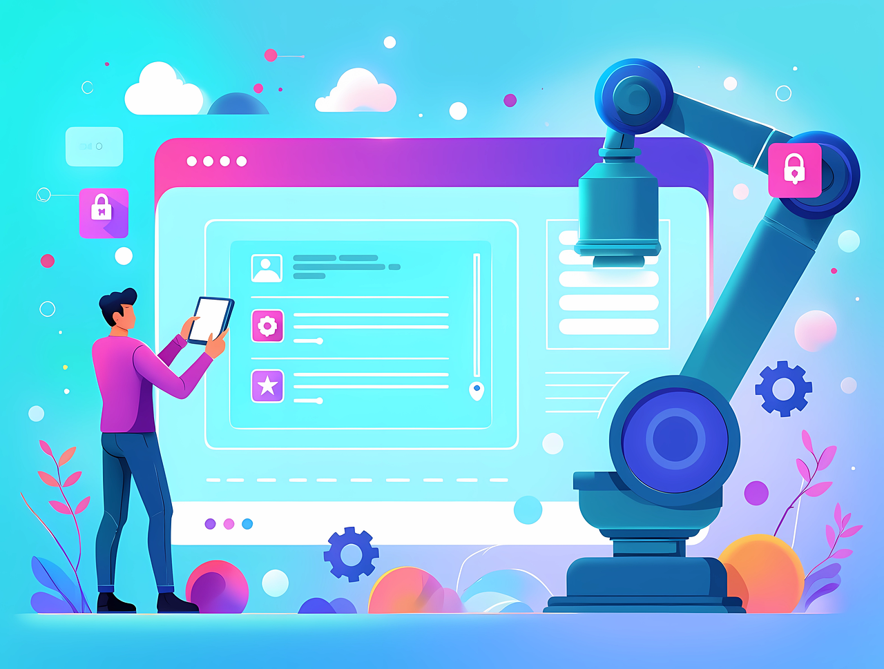 Illustration d'un utilisateur assisté par une intelligence artificielle pour automatiser ses tâches