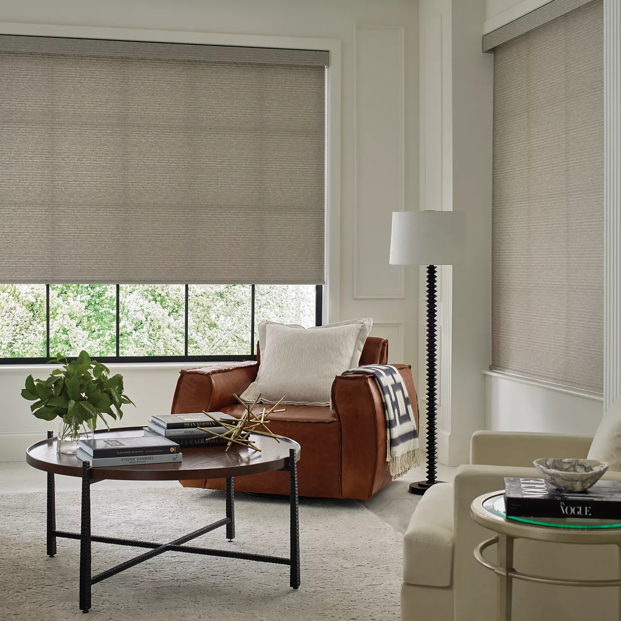 Designer roller shades on windows