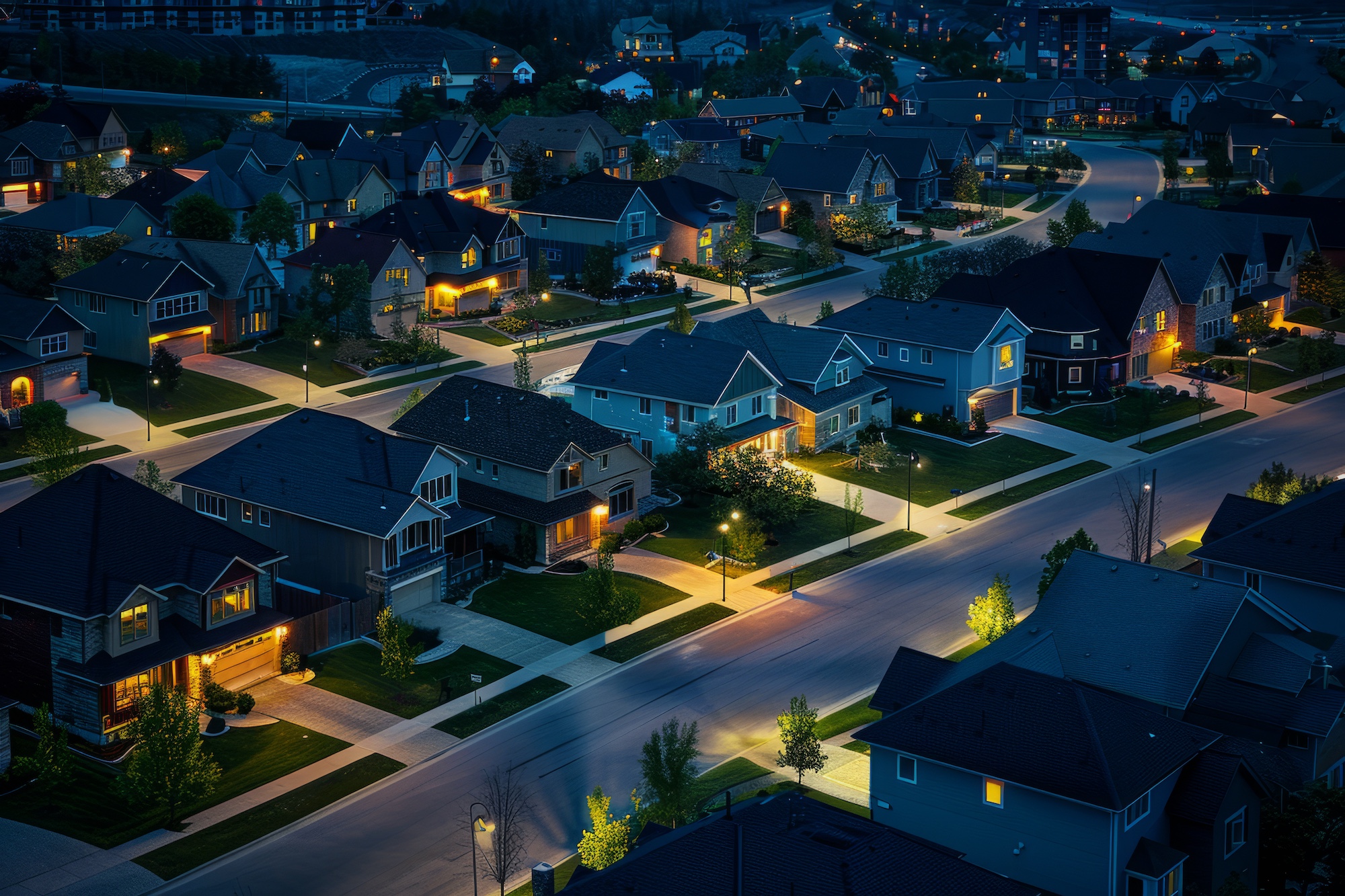 Rows of houses in suburban neighborhood lit up at night