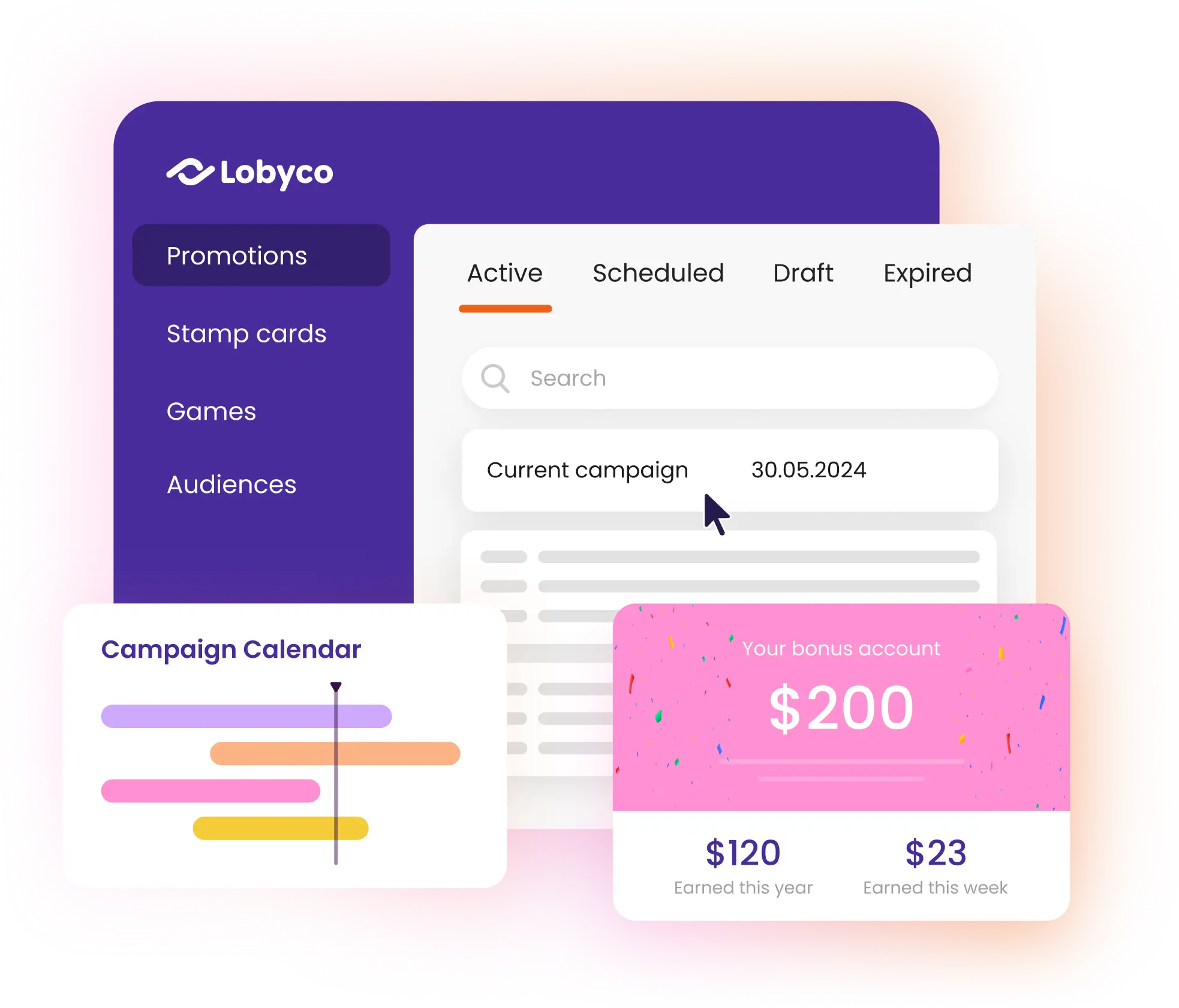 Lobyco dashboard with campaign calendar and account bonus