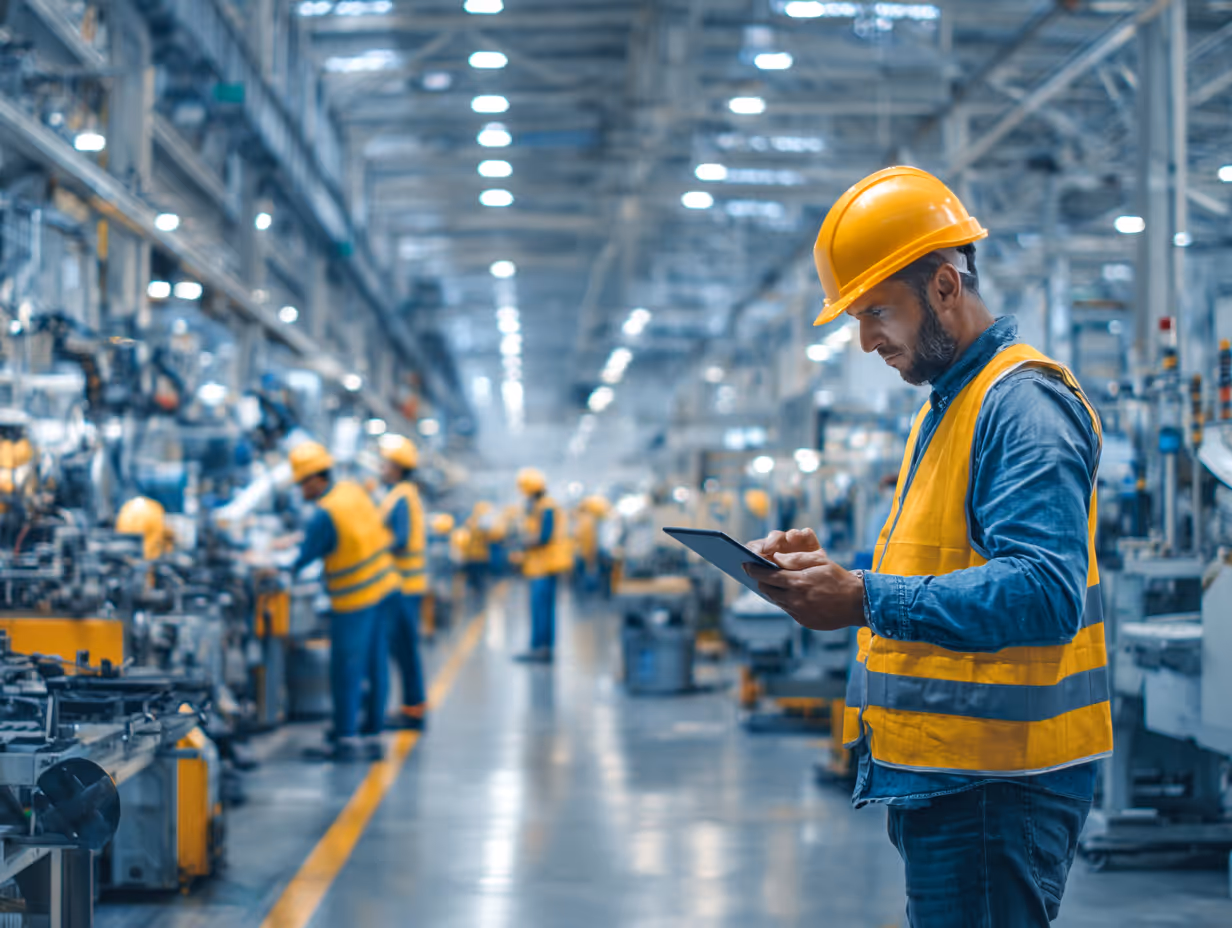 Factory worker using RTRS safety checklist on tablet