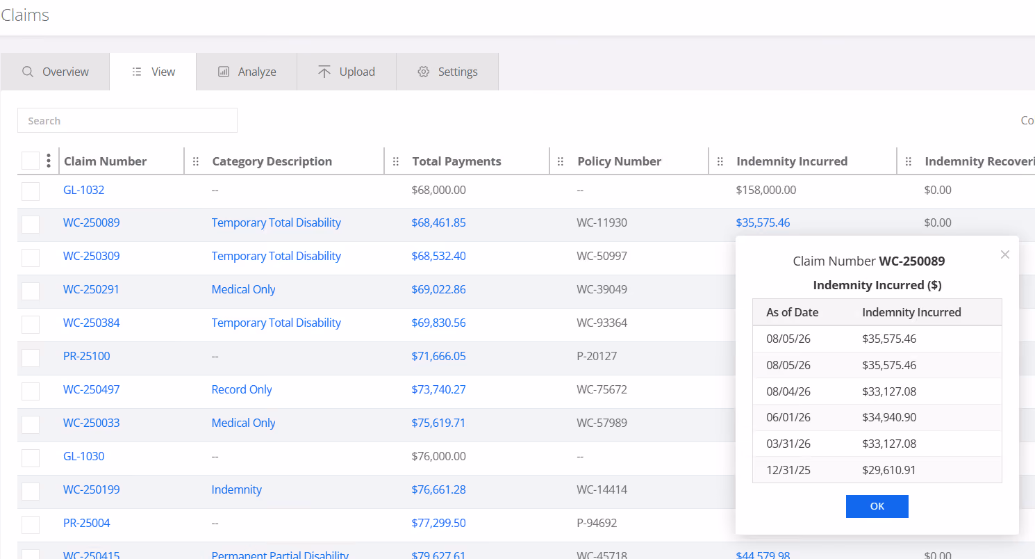 RTRS claim detail & financial history