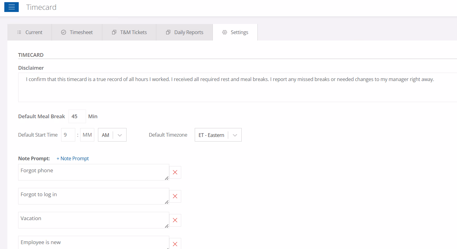 RTRS timecard settings & meal compliance