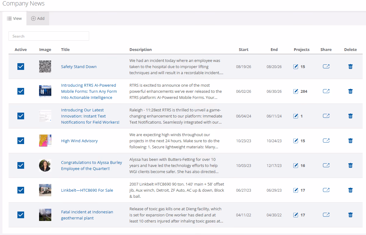 RTRS emergency alertrs list view