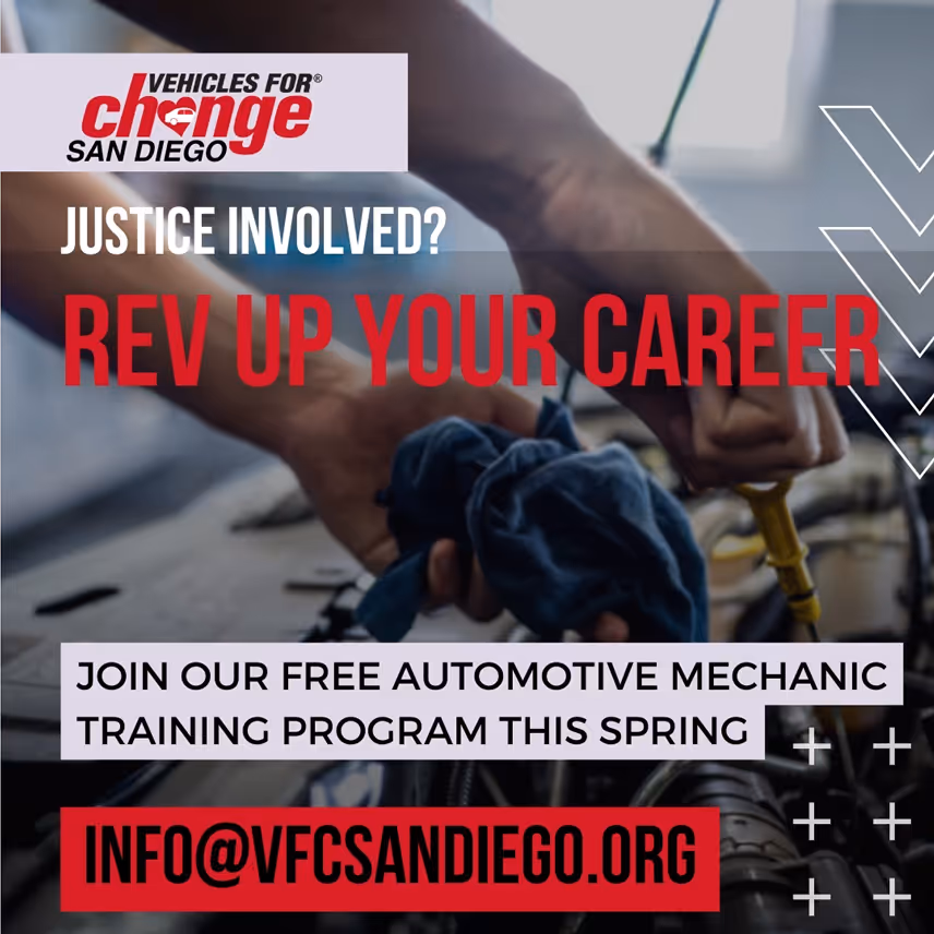Close-up of hands working on a car engine with overlay text promoting a free automotive mechanic training program by Vehicles for Change San Diego.