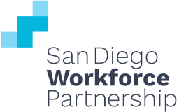 San Diego Workforce Partnership logo with blue geometric shapes.