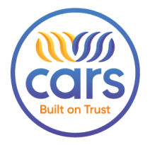 Cars logo with stylized orange and blue waves above the word 'cars' and the tagline 'Built on Trust' below.