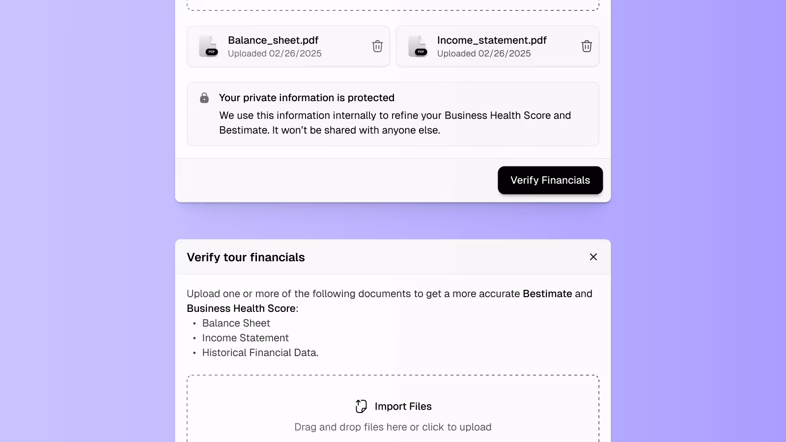 Securely upload financials