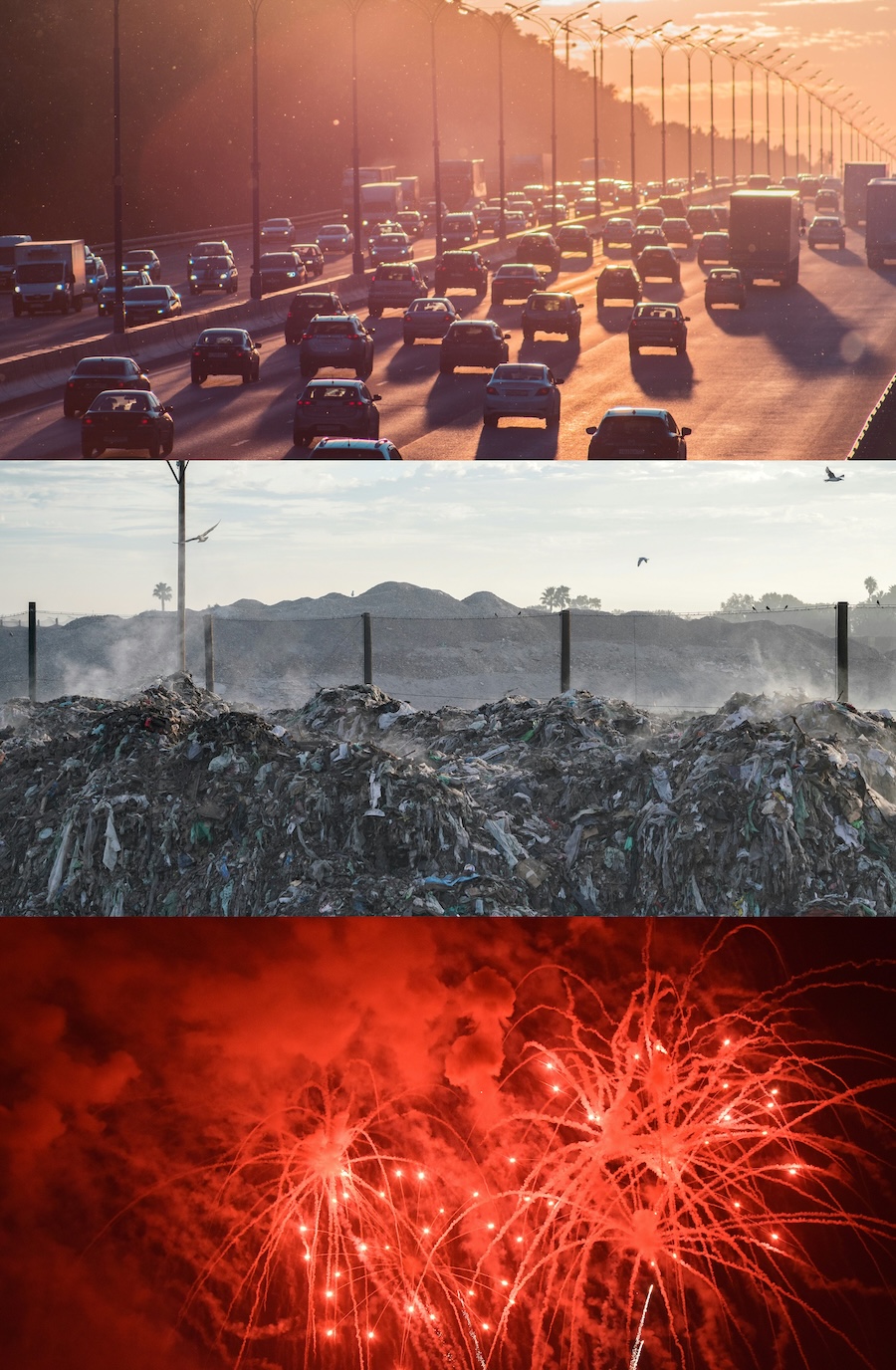 Three images of traffic, landfill, and fireworks