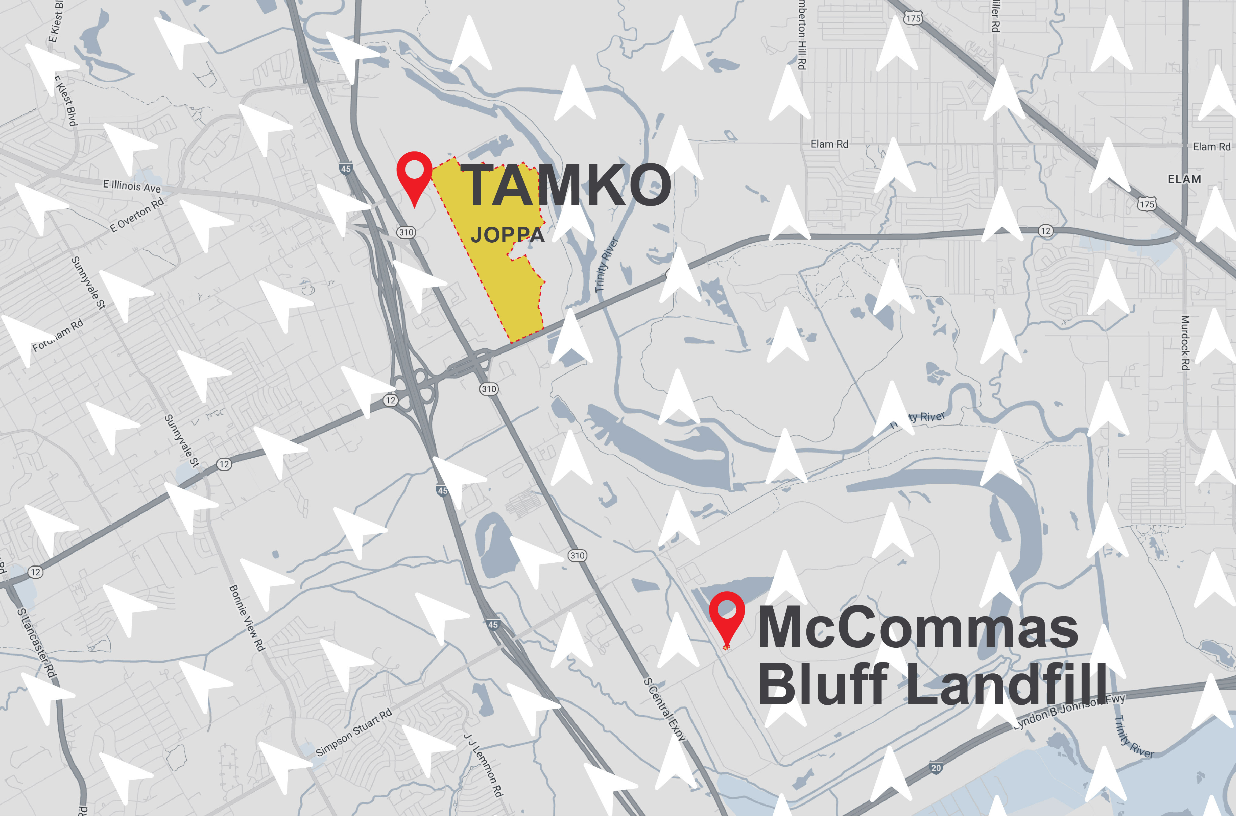 Map of wind direction showing that TAMKO does not affect Joppa neighborhood