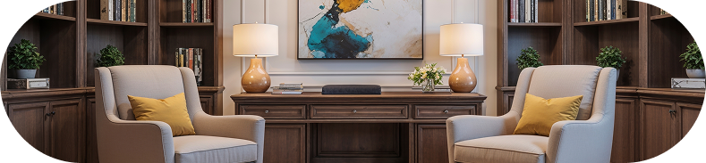 Interior rendering of luxury office with full wall cabinetry