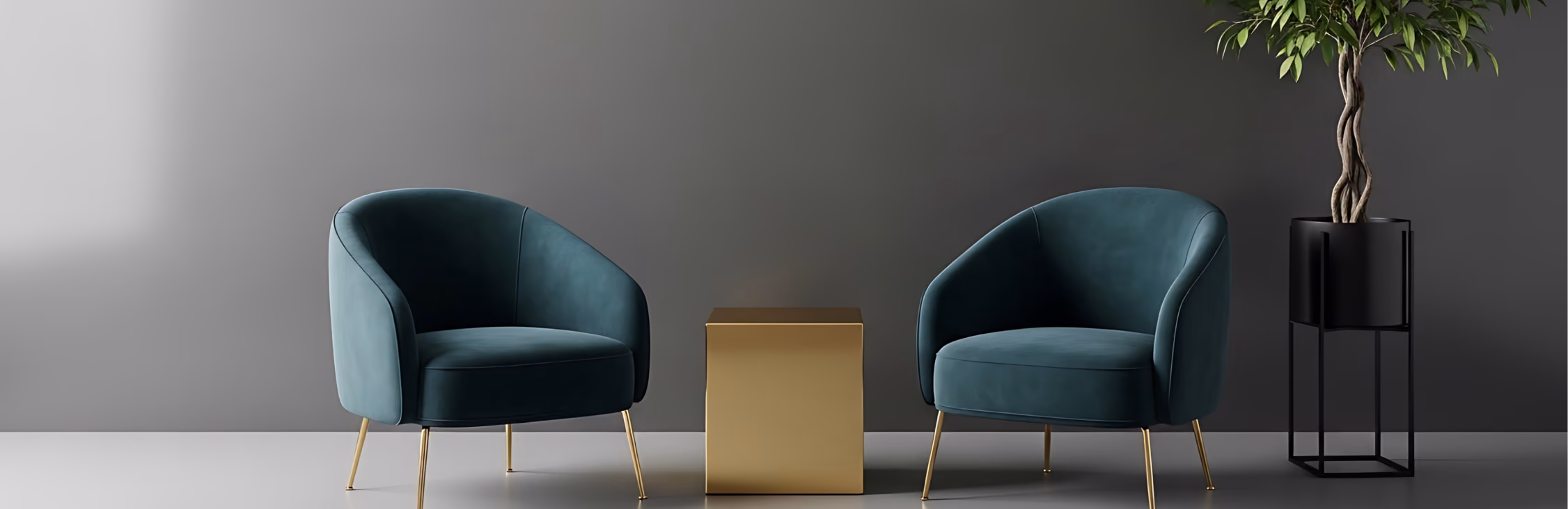 Modern waiting area with two chairs, table, and plant decor