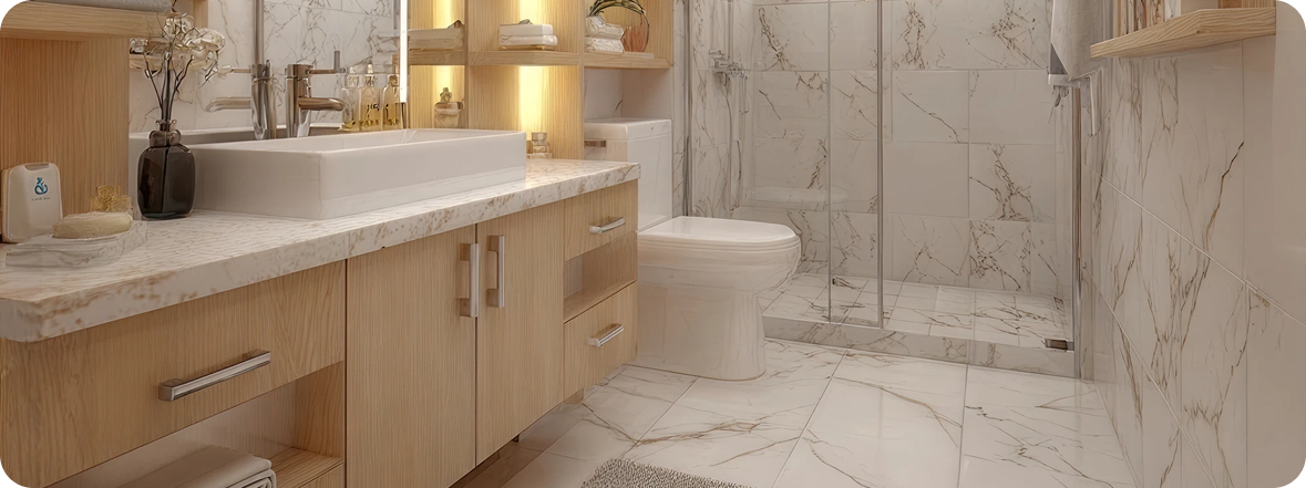 Modern bathroom with custom vanity and marble wall tile