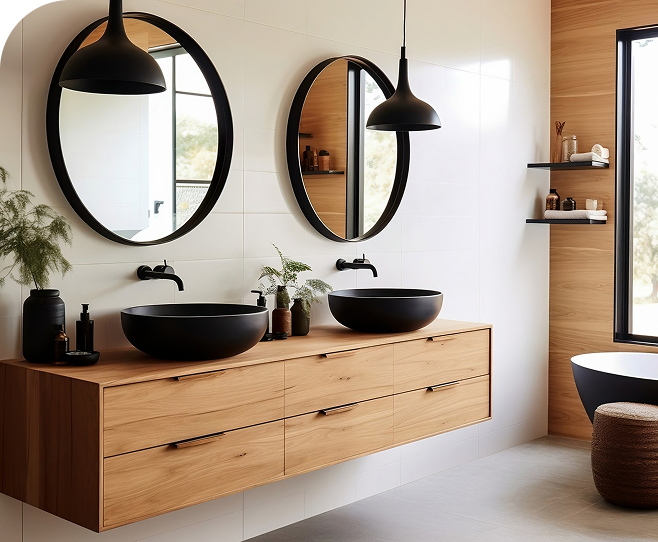 Double sink bathroom vanity with wood cabinetry and round mirrors