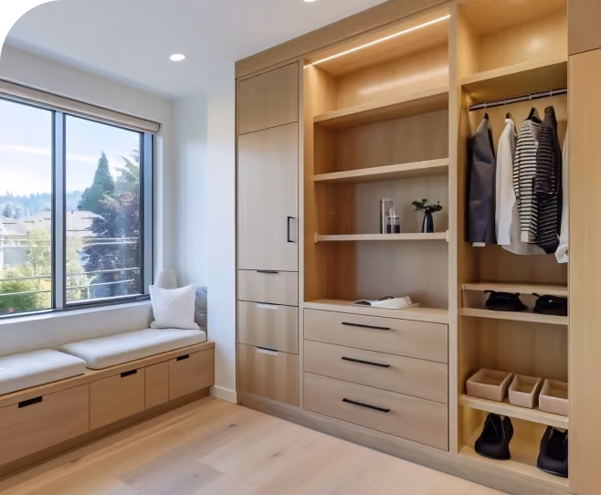 Walk-in closet cabinetry with bench seating and drawers