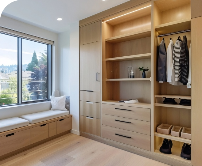 Walk-in closet cabinetry with bench seating and drawers