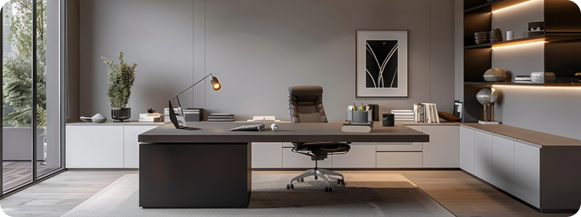 Modern home office cabinetry with floating shelves and built-in desk