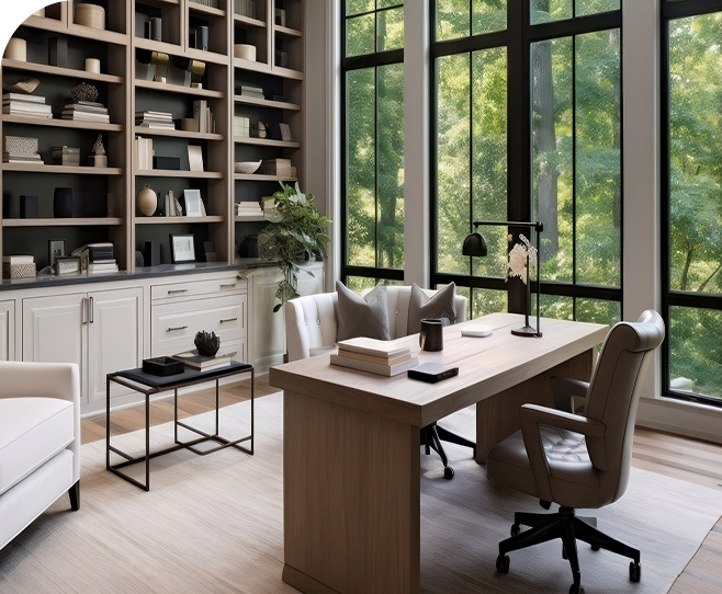 Home office cabinetry with wall-to-wall shelves and windows