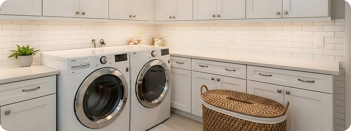 Corner laundry cabinetry with open shelving and natural wood tones