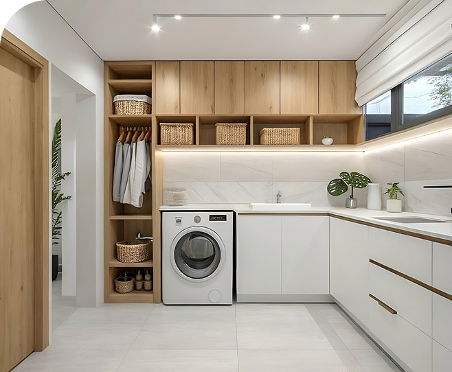 Warm-toned laundry cabinetry with overhead shelves and appliances