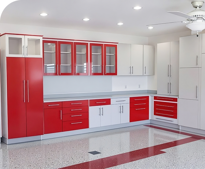 Modern red kitchen cabinetry with glossy finish and drawers